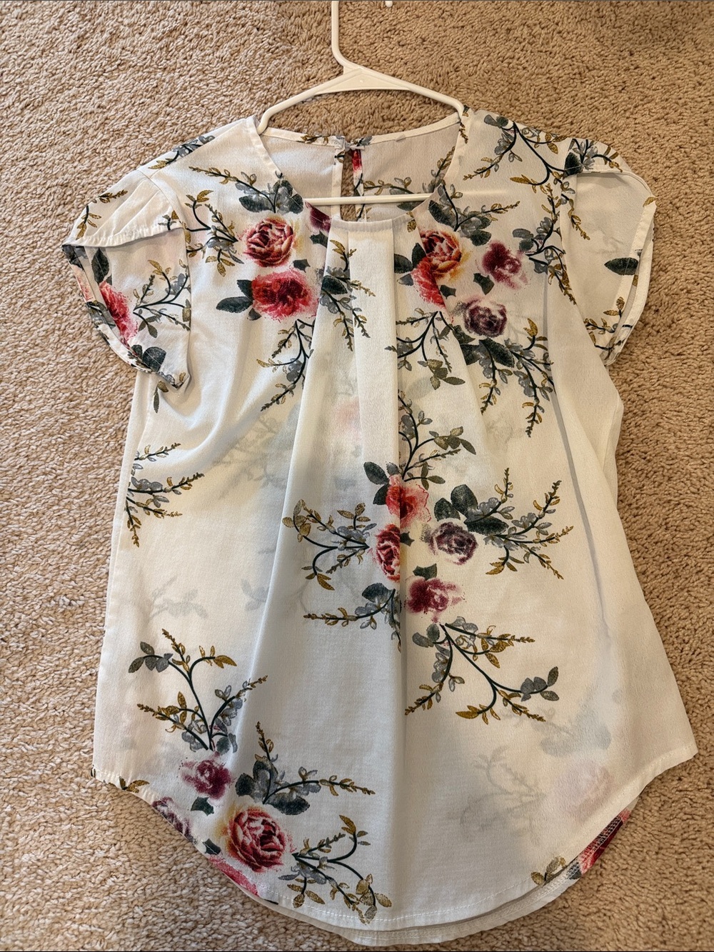 Floral Pleated Cap-Sleeve Blouse - White with Rose Print
